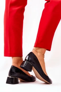 New Boto Skórzane Wężowe Czółenka Lewski 3118 Czarne Czarny