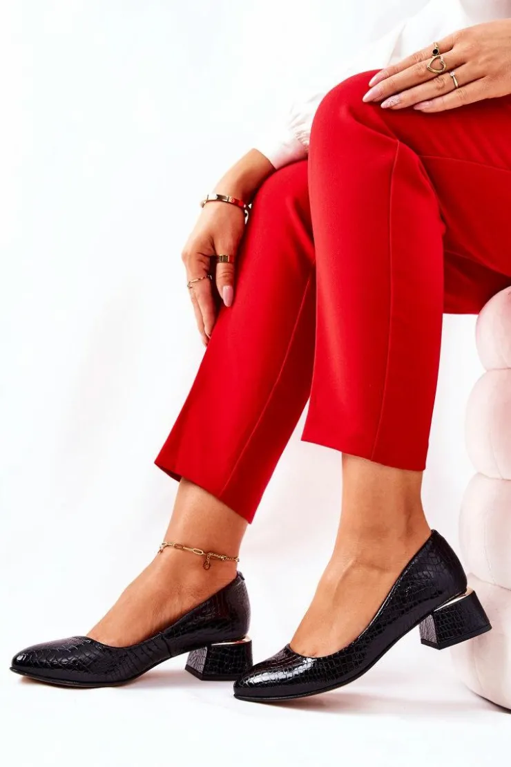 New Boto Skórzane Wężowe Czółenka Lewski 3118 Czarne Czarny