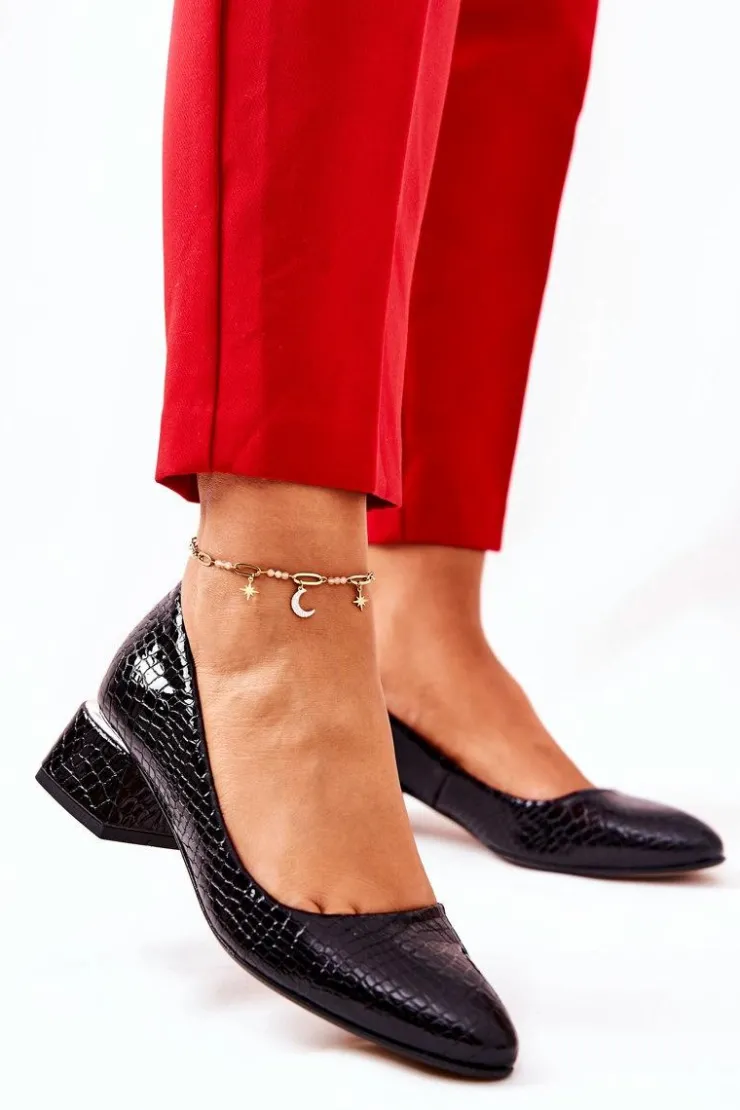 New Boto Skórzane Wężowe Czółenka Lewski 3118 Czarne Czarny