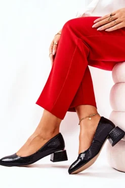 New Boto Skórzane Wężowe Czółenka Lewski 3118 Czarne Czarny