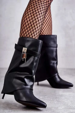 Boto Kozaki Wiosenne|Kozaki Przed Kolano*Skórzane Wsuwane Kozaki Na Szpilce Czarne Steffi