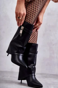 Boto Kozaki Wiosenne|Kozaki Przed Kolano*Skórzane Wsuwane Kozaki Na Szpilce Czarne Steffi