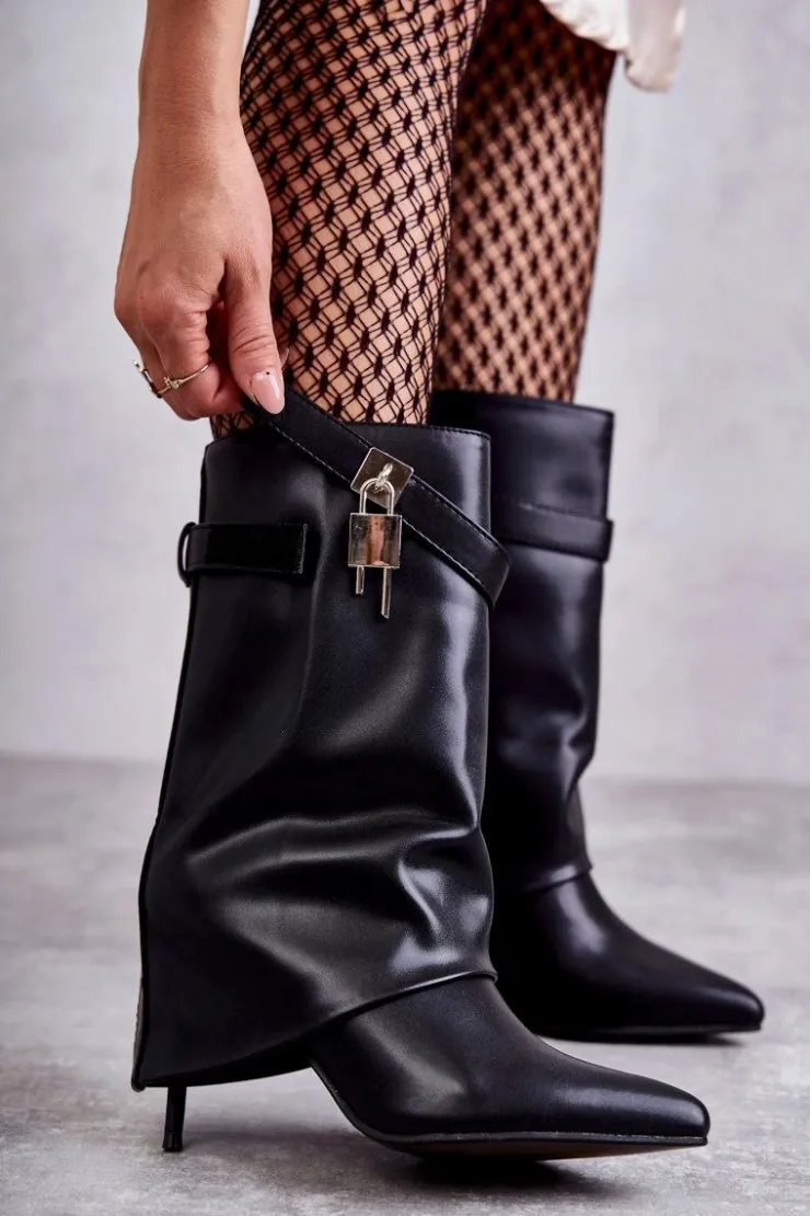 Boto Kozaki Wiosenne|Kozaki Przed Kolano*Skórzane Wsuwane Kozaki Na Szpilce Czarne Steffi