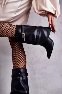 Boto Kozaki Wiosenne|Kozaki Przed Kolano*Skórzane Wsuwane Kozaki Na Szpilce Czarne Steffi