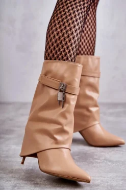 Boto Kozaki Wiosenne|Kozaki Na Szpilce*Skórzane Wsuwane Kozaki Na Szpilce Beżowe Steffi Beżowy