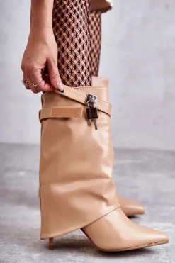 Boto Kozaki Wiosenne|Kozaki Na Szpilce*Skórzane Wsuwane Kozaki Na Szpilce Beżowe Steffi Beżowy