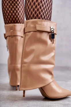 Boto Kozaki Wiosenne|Kozaki Na Szpilce*Skórzane Wsuwane Kozaki Na Szpilce Beżowe Steffi Beżowy