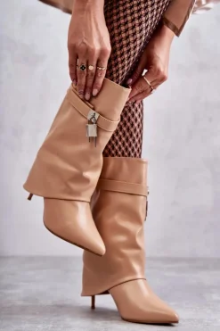 Boto Kozaki Wiosenne|Kozaki Na Szpilce*Skórzane Wsuwane Kozaki Na Szpilce Beżowe Steffi Beżowy