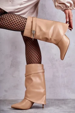 Boto Kozaki Wiosenne|Kozaki Na Szpilce*Skórzane Wsuwane Kozaki Na Szpilce Beżowe Steffi Beżowy
