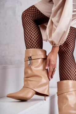 Boto Kozaki Wiosenne|Kozaki Na Szpilce*Skórzane Wsuwane Kozaki Na Szpilce Beżowe Steffi Beżowy