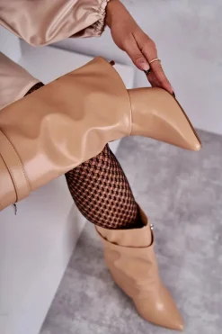 Boto Kozaki Wiosenne|Kozaki Na Szpilce*Skórzane Wsuwane Kozaki Na Szpilce Beżowe Steffi Beżowy