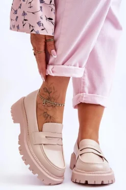 Damskie Boto Skórzane Wsuwane Mokasyny Na Platformie Beżowe Riverside