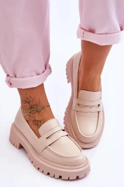 Damskie Boto Skórzane Wsuwane Mokasyny Na Platformie Beżowe Riverside