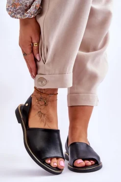 Zazoo Sandały Płaskie*Skórzane Wsuwane Sandały Czarne Lemar Alivia