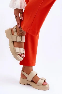 Boto Sandały Płaskie*Skórzane Wygodne Sandały Beżowe Alayah