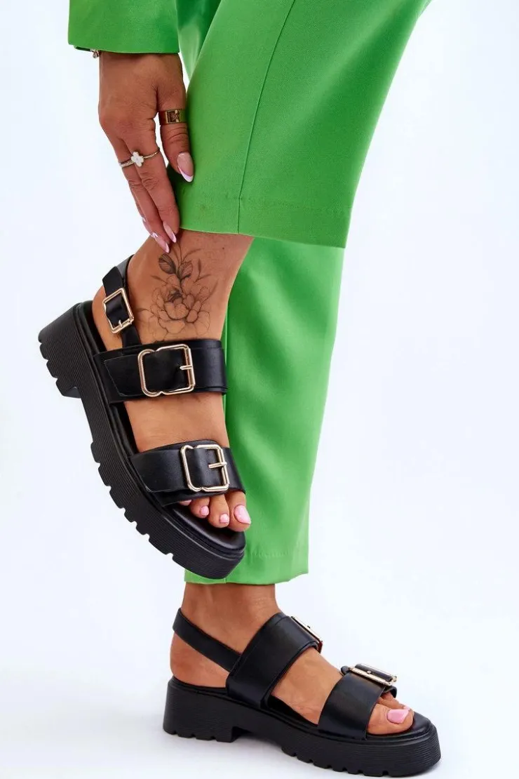 Damskie Boto Skórzane Wygodne Sandały Czarne Alayah