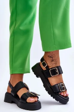 Damskie Boto Skórzane Wygodne Sandały Czarne Alayah