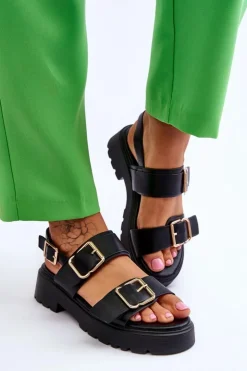 Damskie Boto Skórzane Wygodne Sandały Czarne Alayah