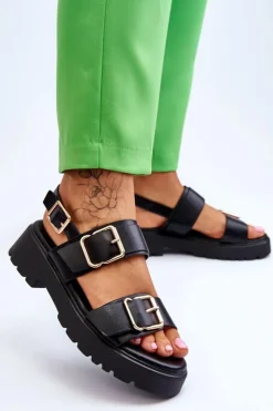 Damskie Boto Skórzane Wygodne Sandały Czarne Alayah