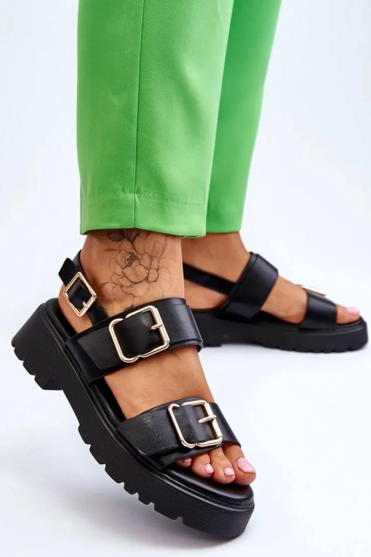 Damskie Boto Skórzane Wygodne Sandały Czarne Alayah