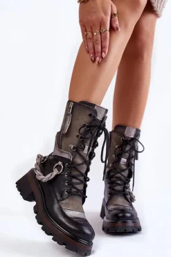 Maciejka Botki Maciejka|Czarne Botki*Skórzane Wysokie Botki Workery 05586-01 Czarno-Szare