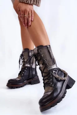 Maciejka Botki Maciejka|Czarne Botki*Skórzane Wysokie Botki Workery 05586-01 Czarno-Szare