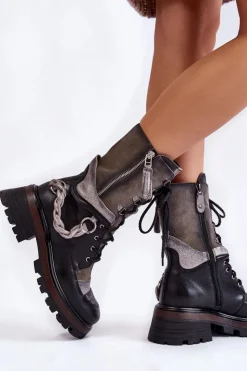 Maciejka Botki Maciejka|Czarne Botki*Skórzane Wysokie Botki Workery 05586-01 Czarno-Szare