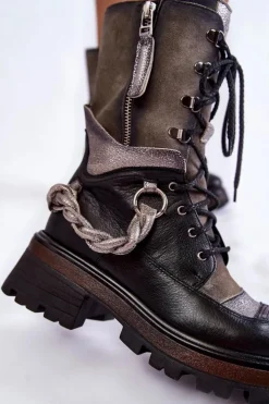 Maciejka Botki Maciejka|Czarne Botki*Skórzane Wysokie Botki Workery 05586-01 Czarno-Szare