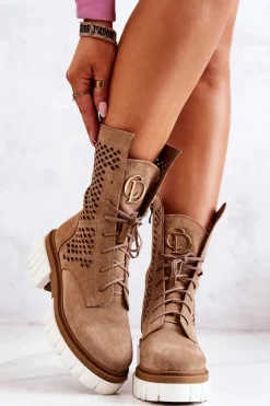 Boto Botki Wiosenne|Brązowe I Beżowe Botki*Skórzane Wysokie Botki Workery Nicole Jasnobrązowe 2706 Brązowy