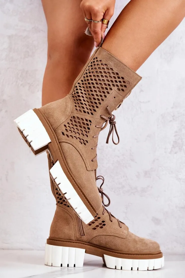 Boto Botki Wiosenne|Brązowe I Beżowe Botki*Skórzane Wysokie Botki Workery Nicole Jasnobrązowe 2706 Brązowy