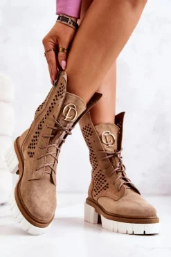Boto Botki Wiosenne|Brązowe I Beżowe Botki*Skórzane Wysokie Botki Workery Nicole Jasnobrązowe 2706 Brązowy