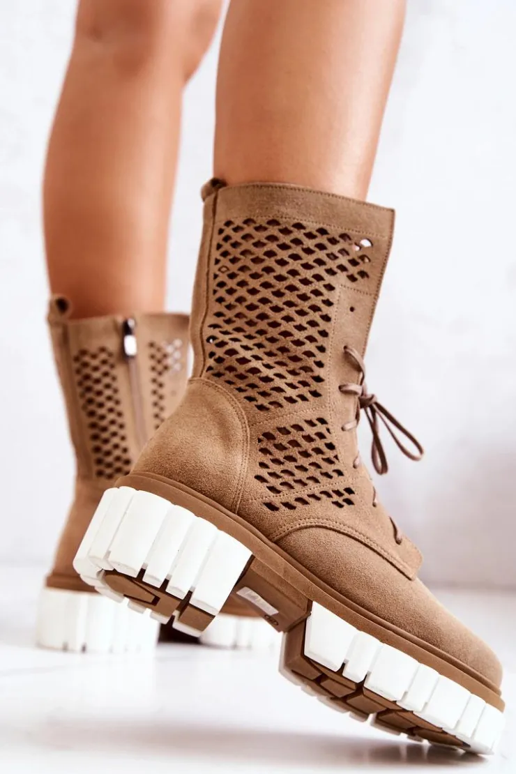 Boto Botki Wiosenne|Brązowe I Beżowe Botki*Skórzane Wysokie Botki Workery Nicole Jasnobrązowe 2706 Brązowy