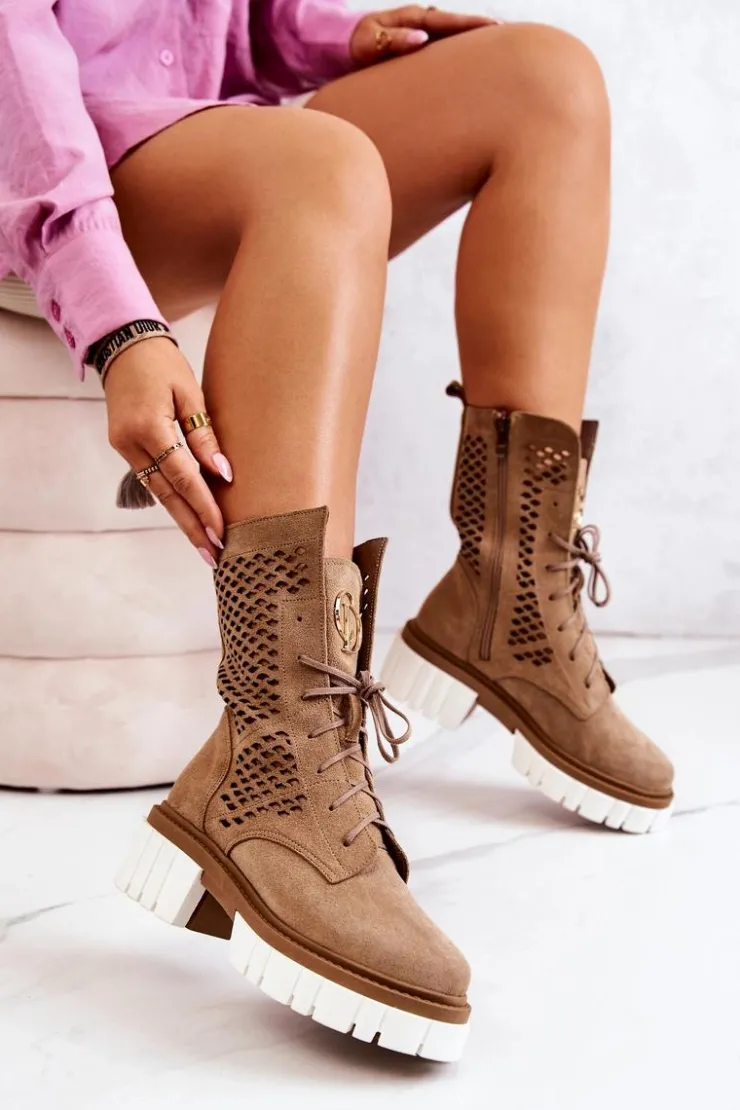 Boto Botki Wiosenne|Brązowe I Beżowe Botki*Skórzane Wysokie Botki Workery Nicole Jasnobrązowe 2706 Brązowy