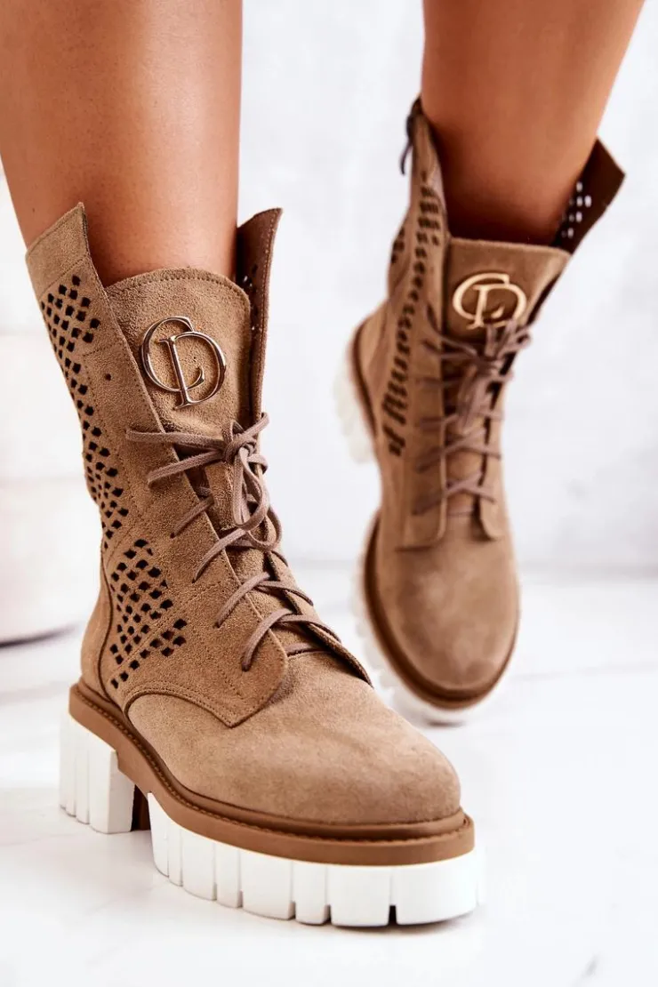 Boto Botki Wiosenne|Brązowe I Beżowe Botki*Skórzane Wysokie Botki Workery Nicole Jasnobrązowe 2706 Brązowy