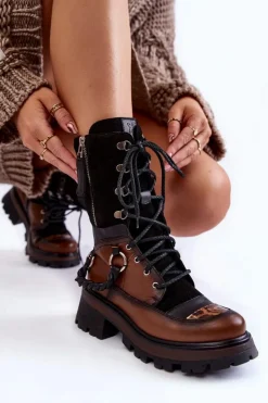 Damskie Maciejka Skórzane Wysokie Botki Workery 05586-29 Brązowo-Czarne