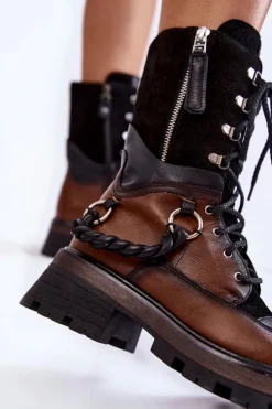 Damskie Maciejka Skórzane Wysokie Botki Workery 05586-29 Brązowo-Czarne