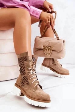 Online Boto Skórzane Wysokie Botki Workery Nicole Camel 2706