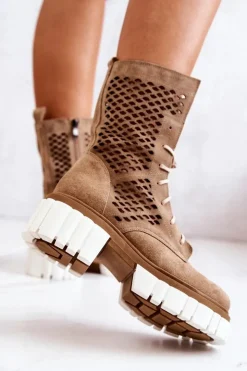 Online Boto Skórzane Wysokie Botki Workery Nicole Camel 2706