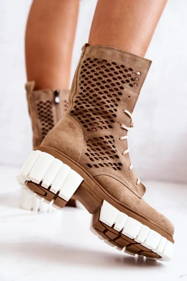 Online Boto Skórzane Wysokie Botki Workery Nicole Camel 2706