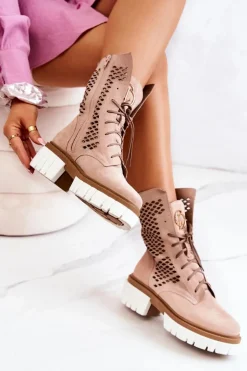 Damskie Boto Skórzane Wysokie Botki Workery Nicole Różowe 2706