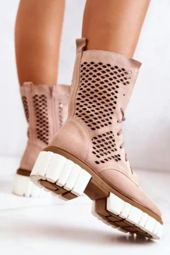 Damskie Boto Skórzane Wysokie Botki Workery Nicole Różowe 2706