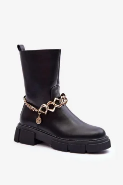 Damskie Boto Skórzane Wysokie Botki Z Łańcuchem Czarne Pugen