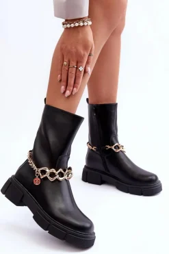 Damskie Boto Skórzane Wysokie Botki Z Łańcuchem Czarne Pugen