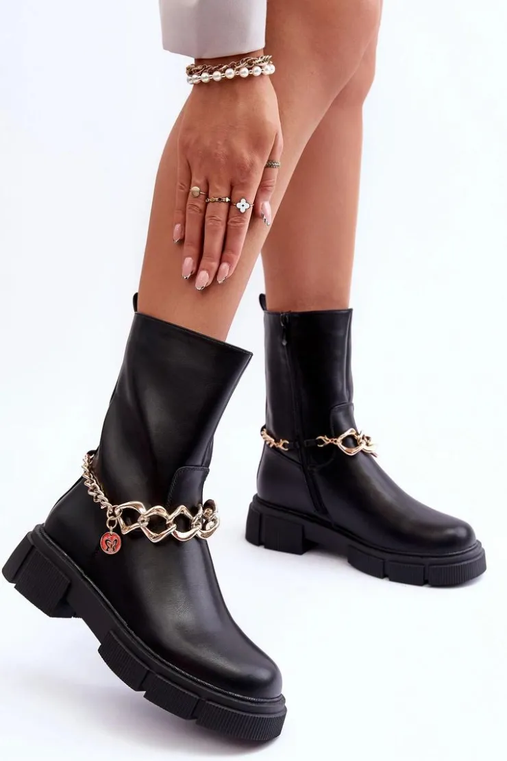 Damskie Boto Skórzane Wysokie Botki Z Łańcuchem Czarne Pugen