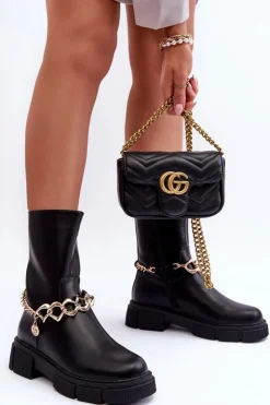 Damskie Boto Skórzane Wysokie Botki Z Łańcuchem Czarne Pugen