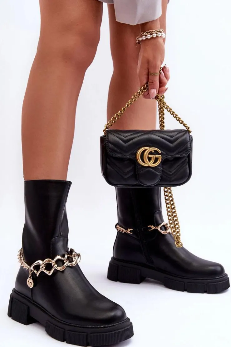 Damskie Boto Skórzane Wysokie Botki Z Łańcuchem Czarne Pugen