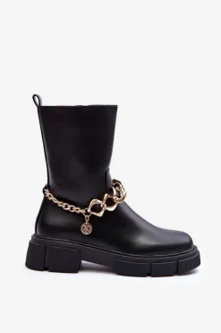Damskie Boto Skórzane Wysokie Botki Z Łańcuchem Czarne Pugen