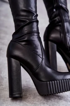 Outlet Boto Skórzane Wysokie Kozaki Na Platformie Czarne Katrina