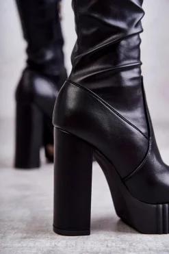 Outlet Boto Skórzane Wysokie Kozaki Na Platformie Czarne Katrina