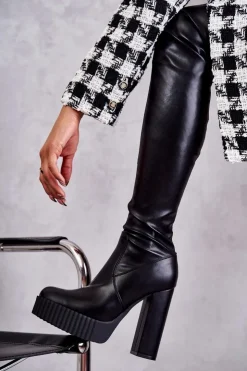 Outlet Boto Skórzane Wysokie Kozaki Na Platformie Czarne Katrina